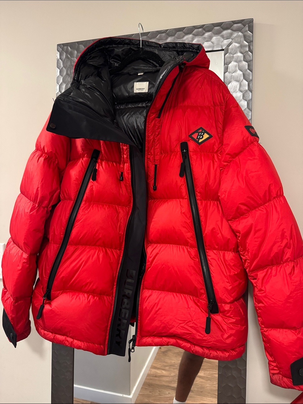Burberry Bright Red Quilted Puffer Jacket with Black Trim